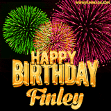 A captivating GIF with bursts of green, pink, and orange fireworks lighting up the night sky, accompanied by 'Happy Birthday Finley' in glowing golden text.