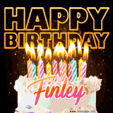 A vibrant animated GIF featuring a delicious birthday cake topped with glowing candles and the name 'Finley' in elegant script, and the words 'Happy Birthday' on the black background.