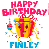 A funny animated birthday GIF with the words 'Happy Birthday Finleya', colorful gift box with arms and legs, holding a cupcake with a lit candle  with confetti everywhere.