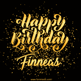 Animated GIF with colorful, festive 'Happy Birthday Finneas' text decorated with patterns, a party hat, and falling confetti. A vibrant and cheerful design for birthday celebrations.