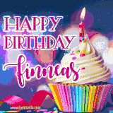 A festive animated GIF featuring a colorful cupcake with a single lit candle, sprinkles, and 'Happy Birthday Finneas' text against a sparkling, celebratory background.