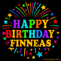 Vibrant animated GIF with 'Happy Birthday Finneas' in rainbow-colored text, surrounded by colorful stars and fireworks on a black background.