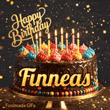 Elegant birthday GIF showing a rich chocolate cake on a gold stand, topped with colorful icing and lit candles for Finneas.