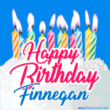 A cheerful animated GIF featuring colorful lit birthday candles on a white cake, with the text 'Happy Birthday Finnegan' in bold red and blue script on a bright blue background.