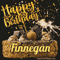 Celebrate Finnegan's birthday with a GIF featuring chocolate cake, a lit sparkler, and golden stars