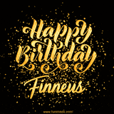 Animated GIF with colorful, festive 'Happy Birthday Finneus' text decorated with patterns, a party hat, and falling confetti. A vibrant and cheerful design for birthday celebrations.