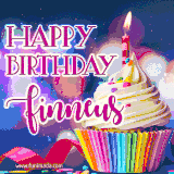 A festive animated GIF featuring a colorful cupcake with a single lit candle, sprinkles, and 'Happy Birthday Finneus' text against a sparkling, celebratory background.