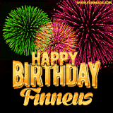 A captivating GIF with bursts of green, pink, and orange fireworks lighting up the night sky, accompanied by 'Happy Birthday Finneus' in glowing golden text.