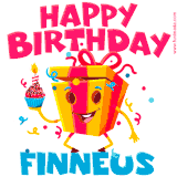 A funny animated birthday GIF with the words 'Happy Birthday Finneusa', colorful gift box with arms and legs, holding a cupcake with a lit candle  with confetti everywhere.