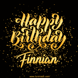 Animated GIF with colorful, festive 'Happy Birthday Finnian' text decorated with patterns, a party hat, and falling confetti. A vibrant and cheerful design for birthday celebrations.