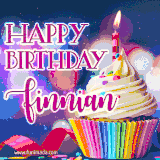 A festive animated GIF featuring a colorful cupcake with a single lit candle, sprinkles, and 'Happy Birthday Finnian' text against a sparkling, celebratory background.