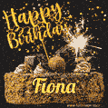 Celebrate Fiona's birthday with a GIF featuring chocolate cake, a lit sparkler, and golden stars