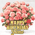 Birthday wishes to Fiona with a charming GIF featuring pink roses, butterflies and golden quote