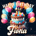 Hand-drawn happy birthday cake adorned with an arch of colorful balloons - name GIF for Fiona