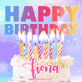 Animated Happy Birthday Cake with Name Fiona and Burning Candles