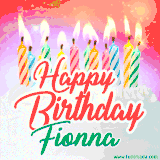 Bright birthday candles with rainbow flames on a cake, alongside the text 'Happy Birthday Fionna' in vibrant script in this celebratory animated GIF.
