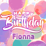 A vibrant name GIF featuring colorful balloons in shades of pink, orange, and yellow with the bold text 'Happy Birthday Fionna' in festive fonts, creating a lively birthday vibe.