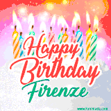 Bright birthday candles with rainbow flames on a cake, alongside the text 'Happy Birthday Firenze' in vibrant script in this celebratory animated GIF.