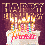 A colorful birthday cake topped with lit candles, with the words 'Happy Birthday Firenze' in bold glowing letters on a burgundy background. Animated flames add a festive touch.