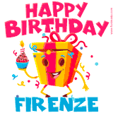A vibrant and funny gift box character with a happy face dancing with a cupcake and the text 'Happy Birthday Firenze,' surrounded by animated confetti and party vibes.