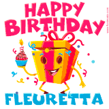 A vibrant and funny gift box character with a happy face dancing with a cupcake and the text 'Happy Birthday Fleuretta,' surrounded by animated confetti and party vibes.