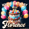 Hand-drawn happy birthday cake adorned with an arch of colorful balloons - name GIF for Florence
