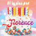 Personalized for Florence elegant birthday cake adorned with rainbow sprinkles, colorful candles and glitter