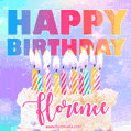 Animated Happy Birthday Cake with Name Florence and Burning Candles