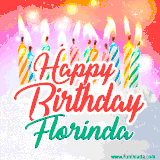 Bright birthday candles with rainbow flames on a cake, alongside the text 'Happy Birthday Florinda' in vibrant script in this celebratory animated GIF.
