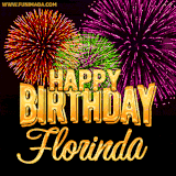 A golden 'Happy Birthday Florinda' message with vibrant fireworks in the background, creating a festive and celebratory vibe in this animated name GIF.
