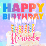 A vibrant animated name GIF with the words 'Happy Birthday Florinda' with colorful candles on a creamy cake. The background sparkles with pastel shades, adding a festive touch.