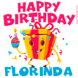 A vibrant and funny gift box character with a happy face dancing with a cupcake and the text 'Happy Birthday Florinda,' surrounded by animated confetti and party vibes.