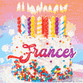 Personalized for Frances elegant birthday cake adorned with rainbow sprinkles, colorful candles and glitter