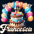 Hand-drawn happy birthday cake adorned with an arch of colorful balloons - name GIF for Francesca