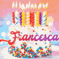 Personalized for Francesca elegant birthday cake adorned with rainbow sprinkles, colorful candles and glitter