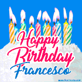 A cheerful animated GIF featuring colorful lit birthday candles on a white cake, with the text 'Happy Birthday Francesco' in bold red and blue script on a bright blue background.