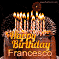 A rich chocolate cake topped with glowing birthday candles and surrounded by bright fireworks. The animated GIF displays the message 'Happy Birthday Francesco' in golden text.