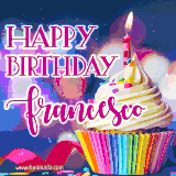 A festive animated GIF featuring a colorful cupcake with a single lit candle, sprinkles, and 'Happy Birthday Francesco' text against a sparkling, celebratory background.