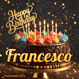 A birthday cake with colorful frosting swirls, burning candles, and the name Francesco on a dark, sparkly background.