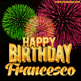 A captivating GIF with bursts of green, pink, and orange fireworks lighting up the night sky, accompanied by 'Happy Birthday Francesco' in glowing golden text.