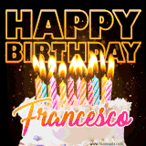 A vibrant animated GIF featuring a delicious birthday cake topped with glowing candles and the name 'Francesco' in elegant script, and the words 'Happy Birthday' on the black background.
