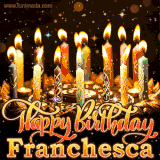 A glowing personalized birthday GIF with name Franchesca featuring lit candles with intricate designs, warm lighting, and the text 'Happy Birthday' in an elegant font.