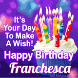 A colorful birthday GIF for Franchesca featuring a cupcake with vibrant lit candles and the text 'It's Your Day to Make a Wish! Happy Birthday Franchesca' in bold letters on a festive purple background.
