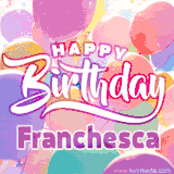 A vibrant name GIF featuring colorful balloons in shades of pink, orange, and yellow with the bold text 'Happy Birthday Franchesca' in festive fonts, creating a lively birthday vibe.