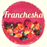 Beautifully decorated red velvet berry birthday cake with vibrant fruits and a glowing 'Francheska' name, adding a touch of sweetness and sparkle.