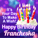A colorful birthday GIF for Francheska featuring a cupcake with vibrant lit candles and the text 'It's Your Day to Make a Wish! Happy Birthday Francheska' in bold letters on a festive purple background.