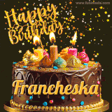 A delightful chocolate birthday cake with bright candles and 'Happy Birthday Francheska' written in gold amidst a shower of animated stars.
