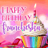 A vibrant birthday GIF featuring a rainbow-colored cupcake topped with white frosting, sprinkles, and a lit candle. The text reads 'Happy Birthday Francheska' in bold pink and violet letters with white outline.