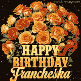 Animated bouquet of orange roses with moving butterfles and golden 'Happy Birthday Francheska' text, surrounded by sparkling accents and a dark backdrop for a luxurious feel.