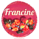 Beautifully decorated red velvet berry birthday cake with vibrant fruits and a glowing 'Francine' name, adding a touch of sweetness and sparkle.
